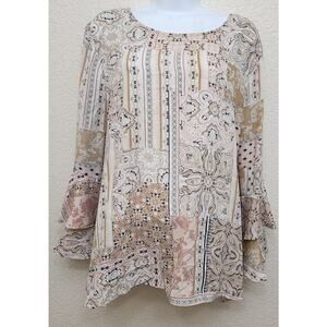 Cato Tan Black Pink Floral Print Bell Ruffled Sleeves Top XL Lightweight Flowy